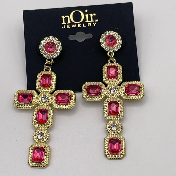 NWT Noir Jewelry Gold Toned and Pink Stone Statement Cross Earrings - Picture 1 of 3